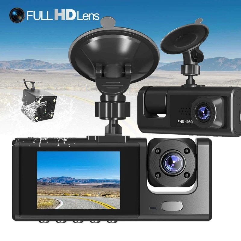 XGODY 3 Channel Dash Cam, FHD 1080P Dash Camera, 32GB Night Vision Loop Recording