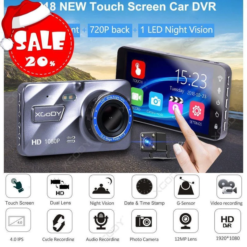 XGODY - 4" Touch Screen FHD Car DVR Camera With Backup Camera and 32GB Memory