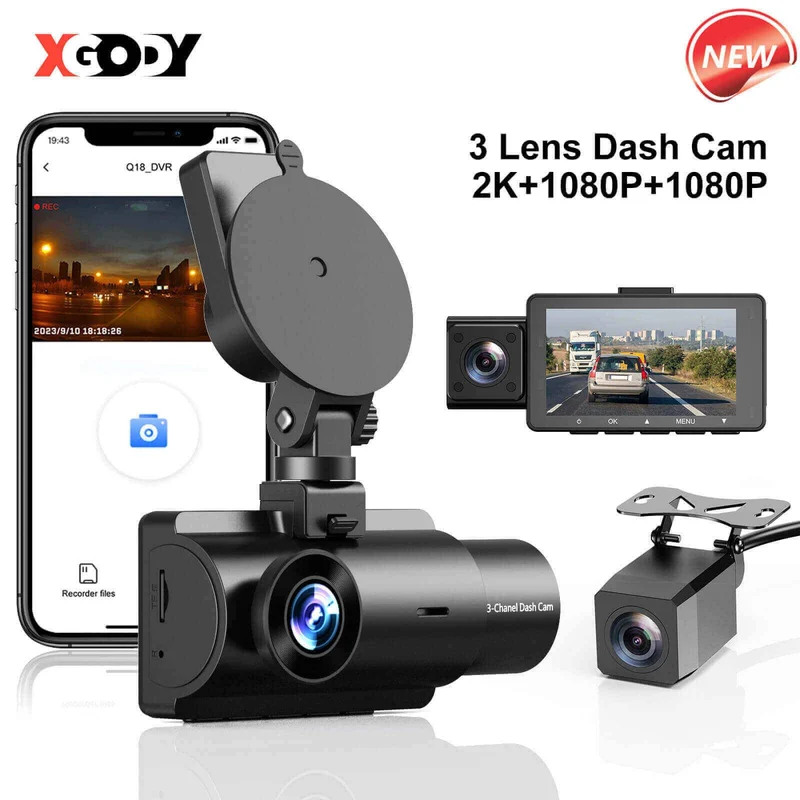XGODY Q18 Triple | Lens Dash Cam | 2K Front + Dual 1080P Rear, 24-Hour Monitoring, Night Vision