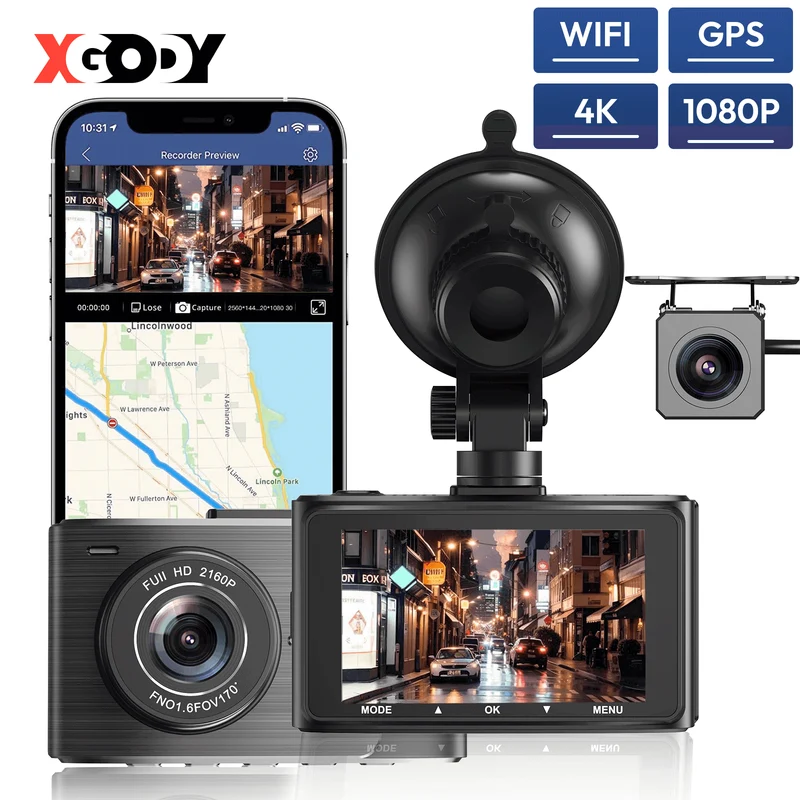 XGODY J402 Pro Dash Cam | 4K + 1080P Dual Lens, 24-Hour Monitoring, Night Vision