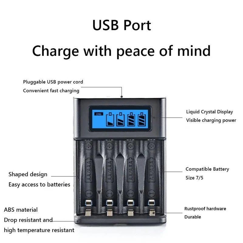 Cargador De Batería Universal Con Pantalla Lcd, 4 Ranuras, Ranura Independiente, Para Batería Recargable Ni-Mh /Ni-Cd, Aa, Aaa, 1,2 V