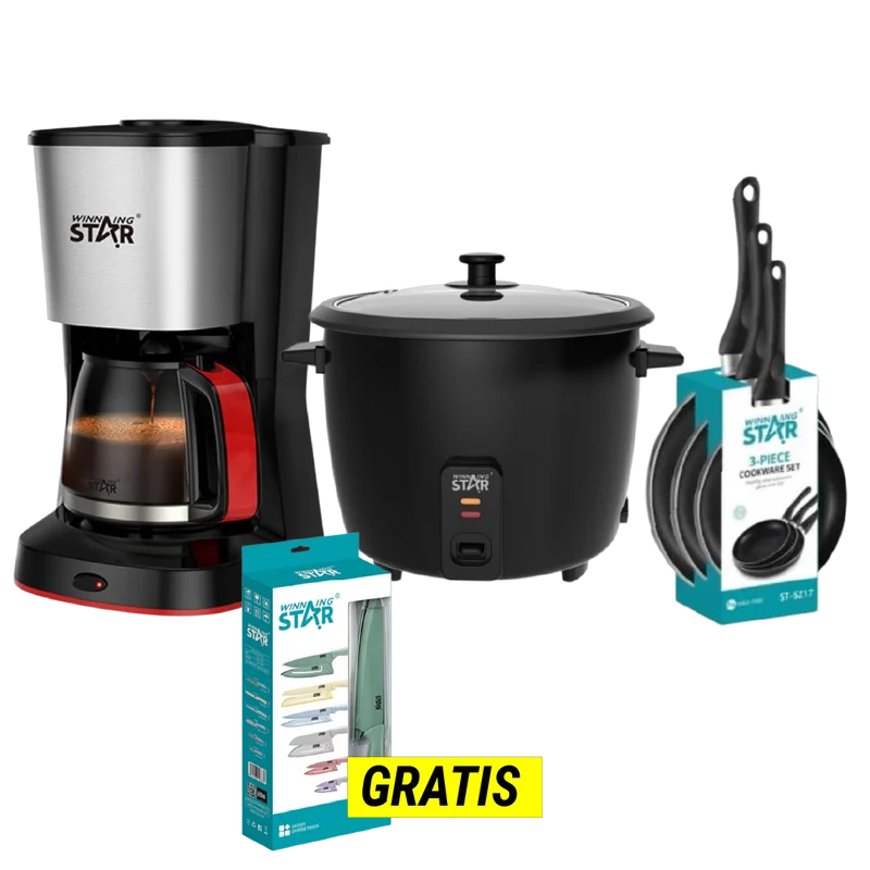 Combo OLLA ARROCERA ELÉCTRICA 5L + CAFETERA ELÉCTRICA 12 TZ+ SARTENES WINNING STAR
