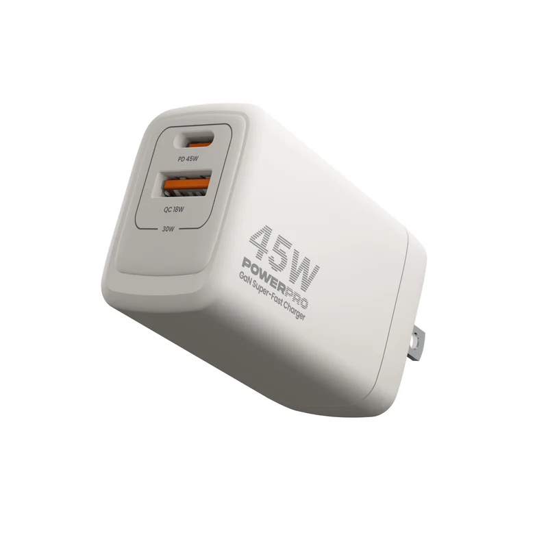 Cargador de Pared GaN Doble Puerto USB-A USB-C PD45W PowerPro Unno Tekno PW5065WT