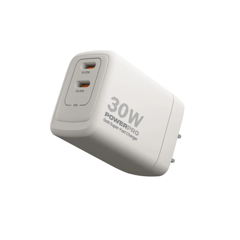 Cargador de Pared GaN Doble Puerto USB-C PD30W PowerPro Unno Tekno PW5064WT