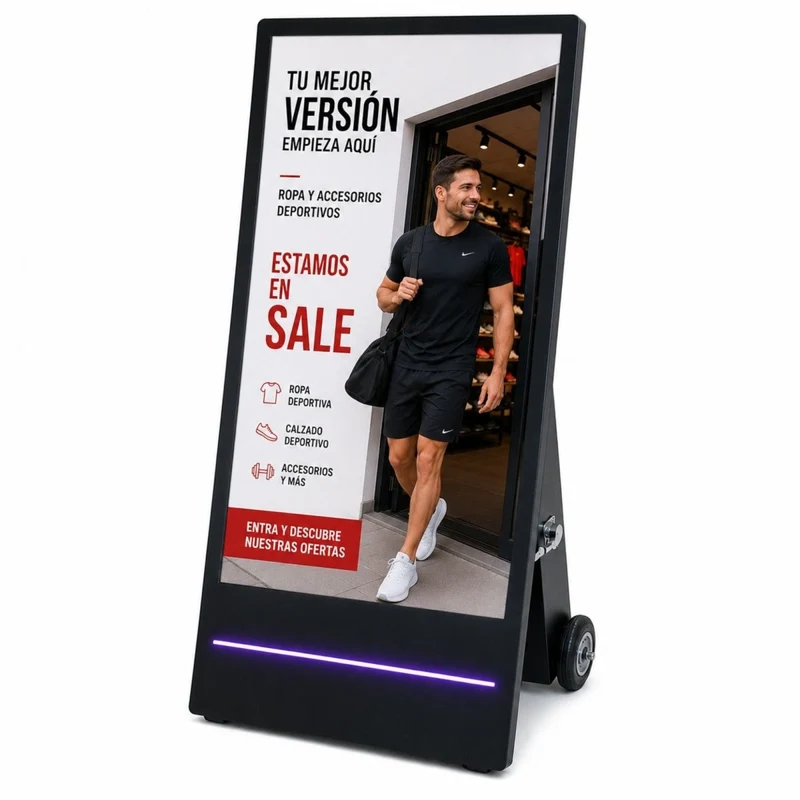 Display publicitario portátil 43'' para interior con ruedas y batería - LCD Full HD