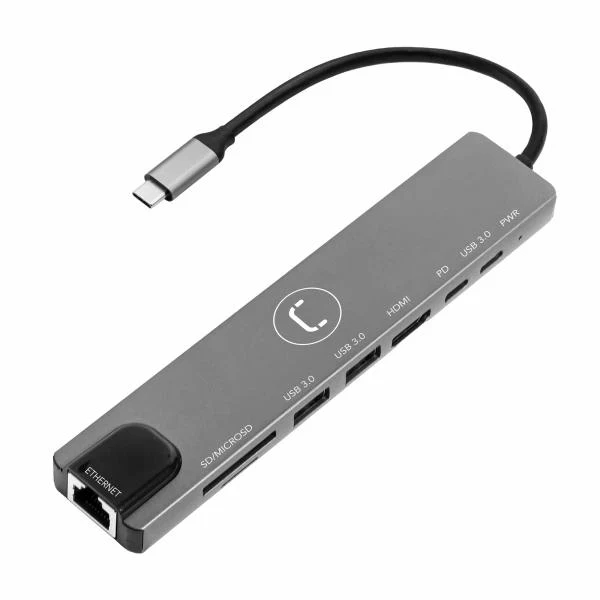 Hub USB-C Unno Tekno 8 en 1 HDMI LAN SD PD HB1109GY