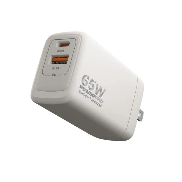 Cargador de Pared GaN Doble Puerto USB-A USB-C PD65W PowerPro Unno Tekno PW5066WT