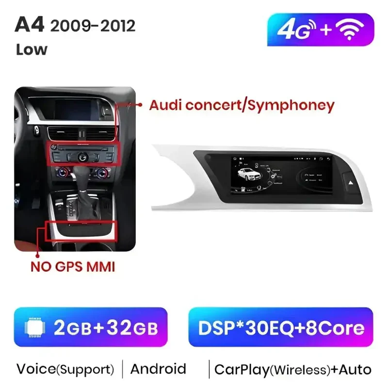 Radio Android do Audi A4 B8 2013-2016 (2009-2012) CarPlay Android Auto 4G WiFi GPS DSP