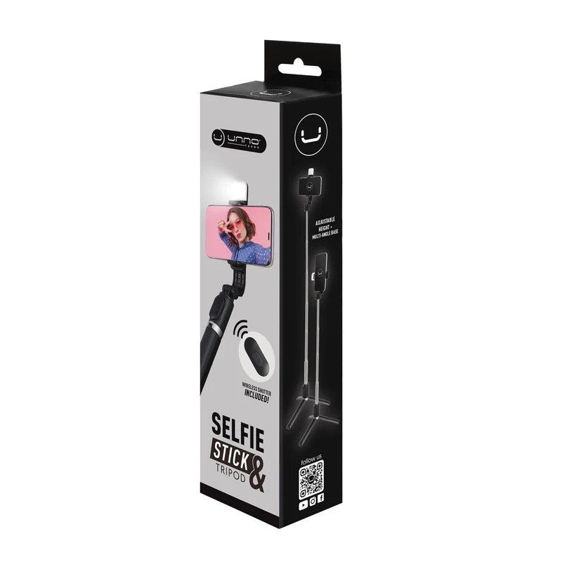 Selfie Stick con Tripode y Luz LED Unno Tekno PH1804BK