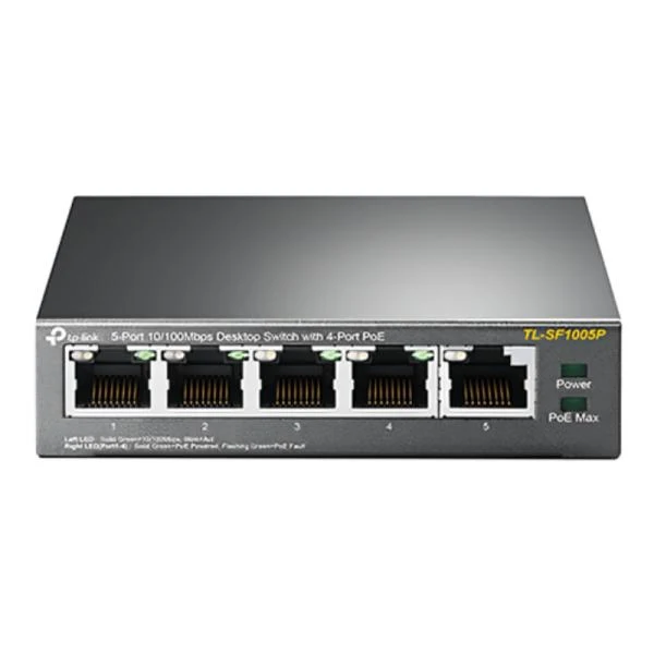 SWITCH TP LINK TL-SF1005P(UN) 5 PUERTOS RJ45 / 4 PUERTOS POE 10/100 MBPS NO GESTIONABLE GRIS