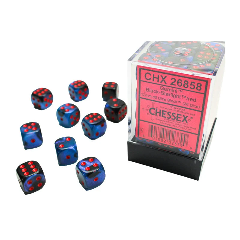 Chessex CHX 26858 Gemini Black-Starlight/Red 12mm D6 Dice Block (36 Dice)