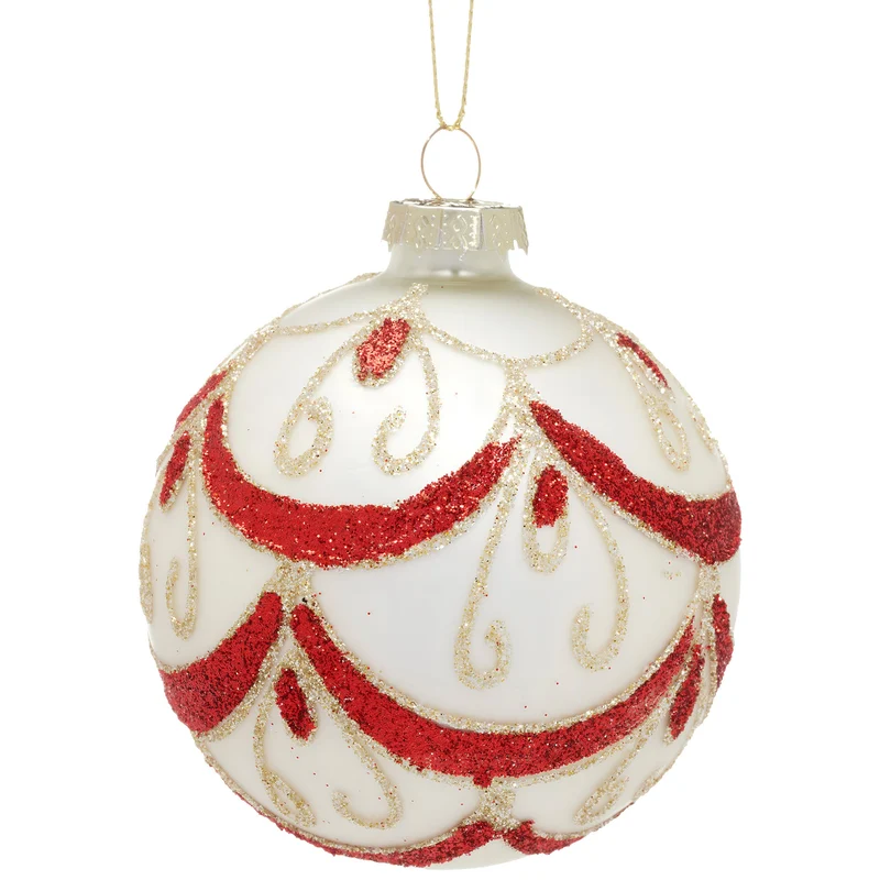 Christabelle 6 White Christmas Glass Baubles with Red and Champagne Glitter Swirls Balls Tree Decoration Ornament