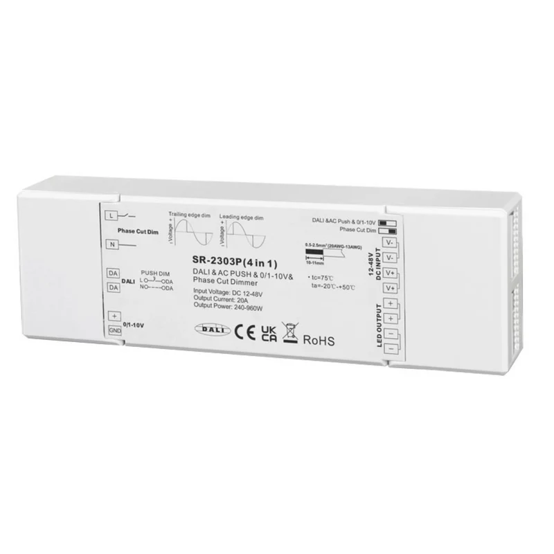 Controlador LED 4 en 1 - 12-48V DC - TRIAC + 0/1-10V + DALI + PUSH