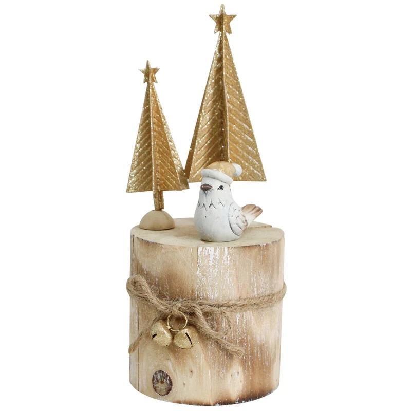 LVD Metal/Wood Xmas Trees Bird Stump Christmas Holiday Decoration 7x18.5cm