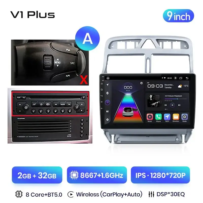 Radio Android do Peugeot 307 (2002-2013) CarPlay Android Auto 4G WiFi GPS DSP
