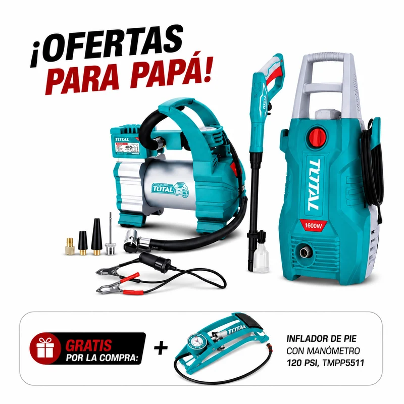 OFERTA TOTAL INFLADOR PARA AUTO 12V 140PSI TTAC1406 + HIDROLAVADORA 1600W