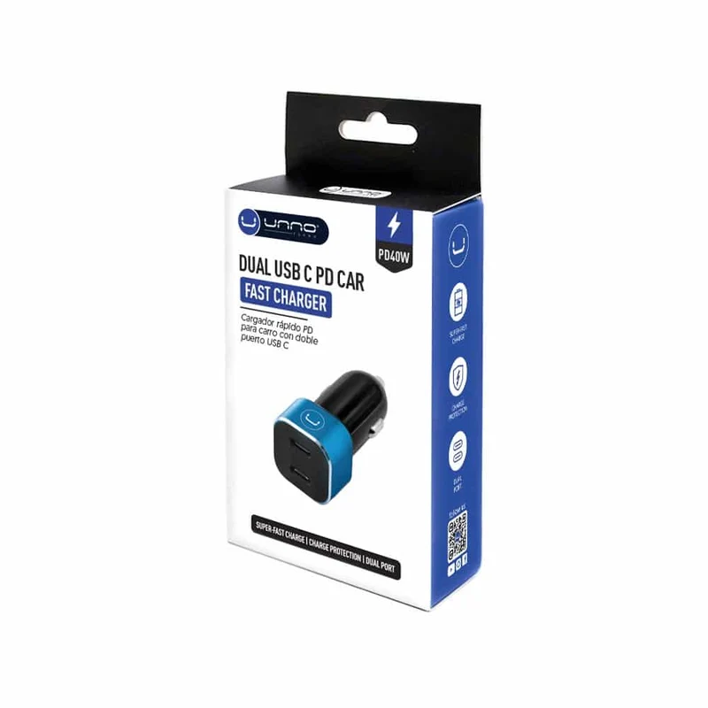 Cargador para Carro Doble Puerto USB-C PD40W Unno Tekno PW5027BK