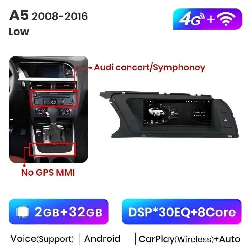 Radio Android do Audi A5 Dedykowany (2009-2016) CarPlay Android Auto 4G WiFi GPS DSP Ekran