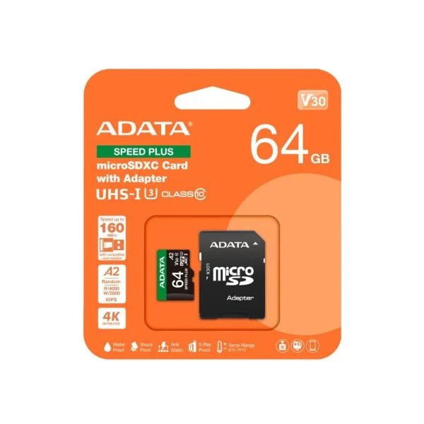Memoria MicroSD ADATA Speed Plus 64GB UHS-I U3 Clase 10 UD64GUI3V30A2SP-RA1