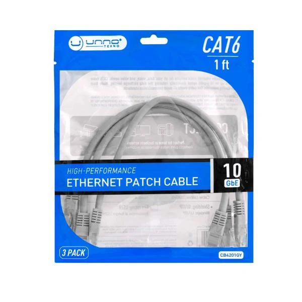 Cable Patch Cord Ethernet Cat6 1FT 3 Pack Unno Tekno CB4301GY CB4301GY