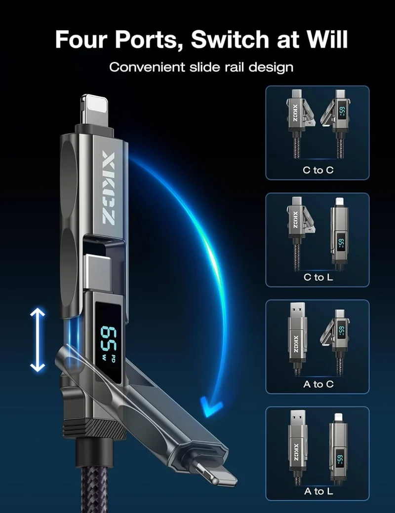 Cable cargador 4 en 1 para iPhone o Samsung Nylon 2 metros
