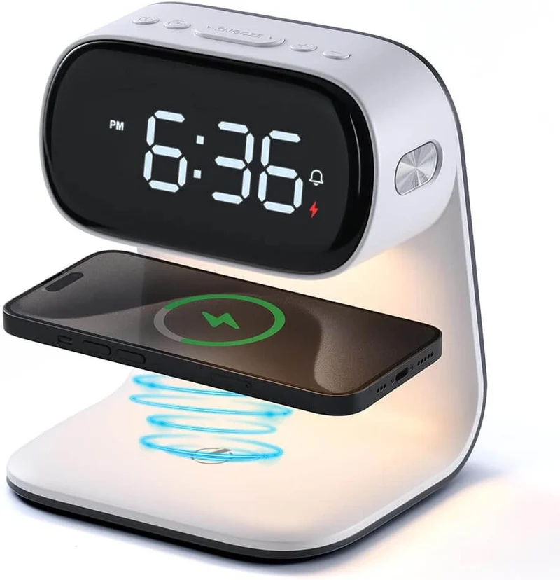 Reloj despertador con carga inalámbrica para celular y luz de 3 niveles