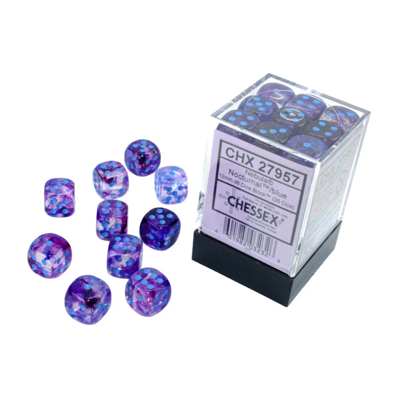 Chessex CHX 27957 Nebula Nocturnal/Blue Luminary 12mm D6 Dice Block (36 Dice)