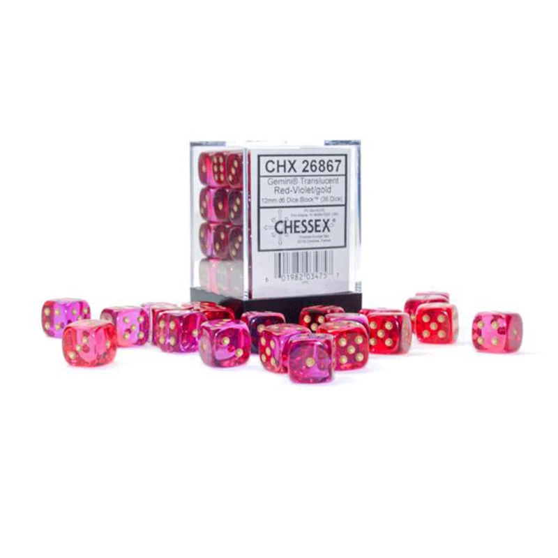 Chessex CHX 26867 Gemini 12mm D6 Translucent Red-Violet/Gold Block (36 Dice)