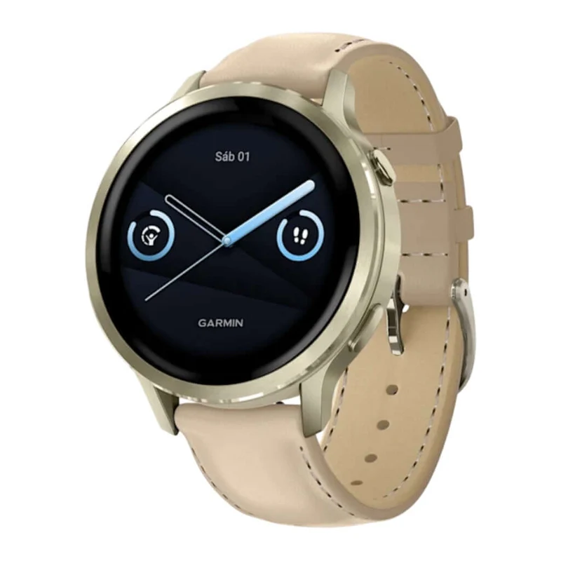 Reloj inteligente Venu® 4, 41 mm, Dorado, correa silicón blanca y cuero beige